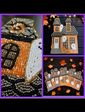 x4 Haunted House Halloween Ghost Pumpkin Shimmer Beaded Placemats CHARGERS Set